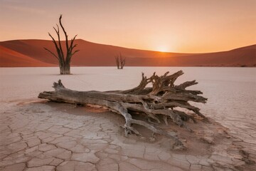Sunset over a dried lake with dead trees and cracked earth in a desert landscape