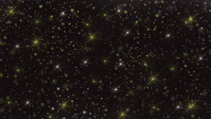 Black Christmas Glitter Background with Sparkling Light Bokeh, Glowing Black Holiday Sparkle Background with Stars and Bokeh