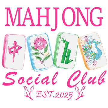 Mahjong Social Club Pastel Watercolor Typography with Cute Mahjong Tiles, Playful Lettering Illustration for T-Shirt Designs Posters Event Graphics Digital Downloads and Creative Decorative Art Resour