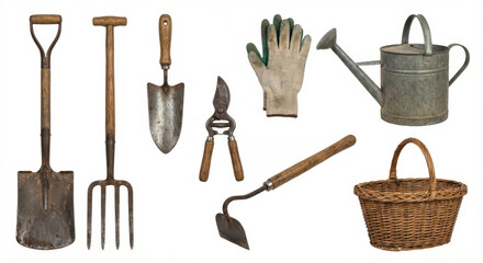 various gardening tools isolated on a white background