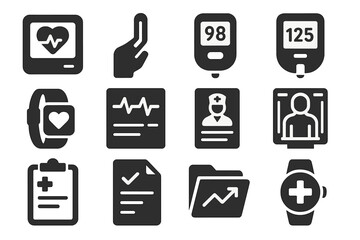 Health Monitoring Icons. Solid style icons of Health monitoring: heart rate monitor, temperature check, oxygen level device,