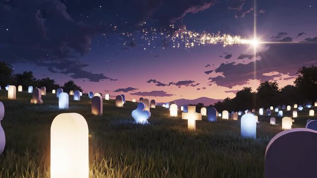 Evening cemetery scene with illuminated grave markers and starry sky