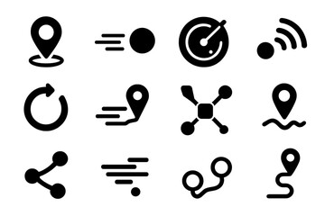 Real-Time Tracking Icons. Solid style icons of real-time tracking: live location icon, moving dot, radar scanner, motion lines,