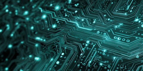 Intricate glowing cyan lines illuminate a complex digital circuit board pattern