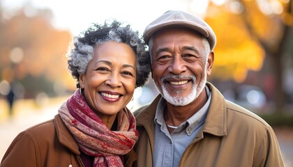 A smiling elderly couple poses in a vibrant autumn setting, wearing jackets and scarves