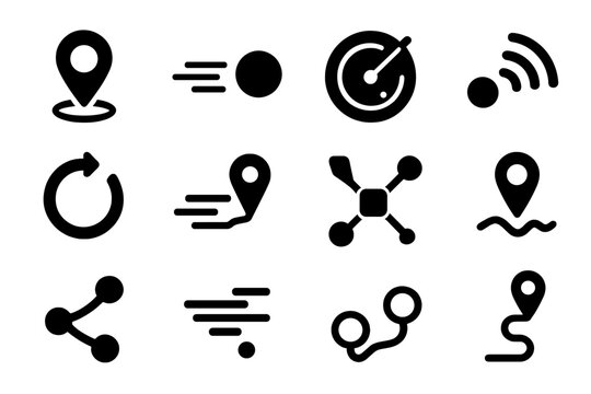 Real-Time Tracking Icons. Solid style icons of real-time tracking: live location icon, moving dot, radar scanner, motion lines,