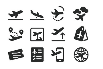 Obraz premium Air Travel Icons. Solid style icons of air travel and flights: takeoff icon, landing airplane, flight path, airplane in sky, air