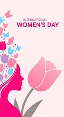 International Womens Day Celebration Banner Design Featuring a Powerful Female Silhouette Profile and Large Pink Tulip Flower with Cascading Butterflies and Spring Blooms Vector Illustration