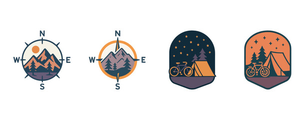 Vintage outdoor adventure icons featuring compass, mountains, tent, and bicycle at night