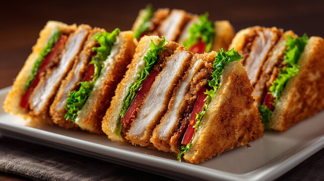 分厚く揚げたての豚カツとシャキシャキの野菜を挟んだ断面が美しいカツサンドのクローズアップ