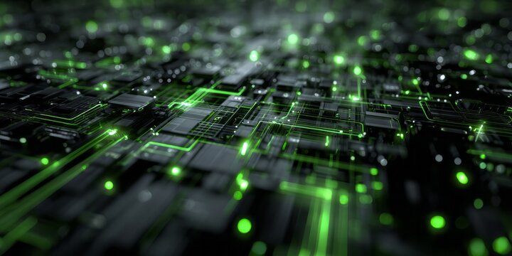 Glowing green circuitry illuminates a dark digital infrastructure surface