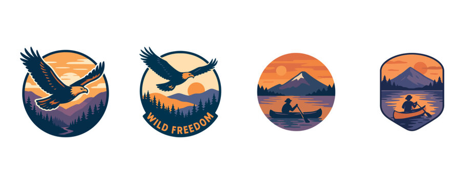 Outdoor adventure badges with eagles and canoeing at sunset with mountains