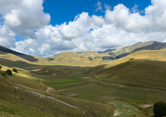The beautiful landscape of the Castelluccio di Norcia plateau on a sunny summer day.