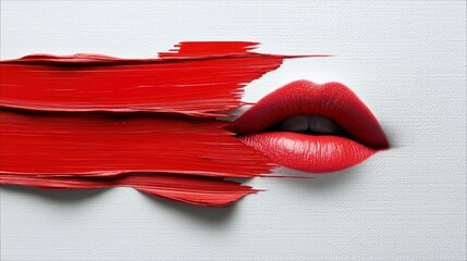 A close-up shot of a woman's full, red lips emerging from a thick, textured smear of red lipstick on a white canvas background. The lighting is bright and highl