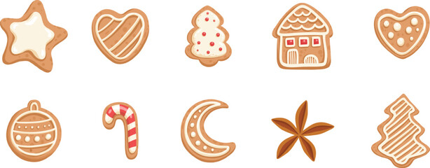 Vector set of Christmas gingerbread in cartoon flat style. Holiday cookies - christmas tree, gingerbread man, star, house, heart isolated on white background