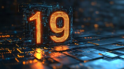 Futuristic Neon Number Nineteen Design Concept with Glowing Digits and Abstract Circuitry Background