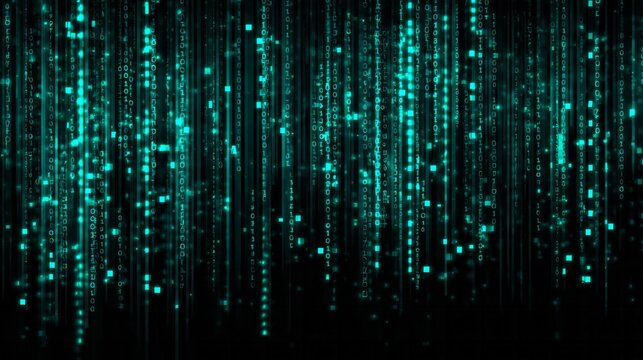 Fluorescent digital characters cascade downwards across a dark background creating a data stream effect