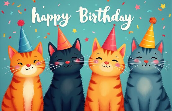 Four smiling cats wear party hats. Confetti falls around. Text reads Happy Birthday. Cute feline friends celebrate special day with joy, fun. Wear colorful cone hats, look happy. Colorful animals.