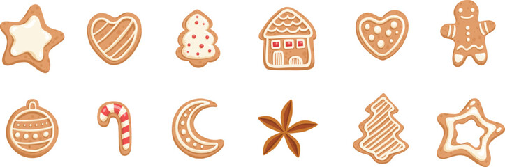 Vector set of Christmas gingerbread in cartoon flat style. Holiday cookies - christmas tree, gingerbread man, star, house, heart isolated on white background