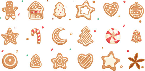 Vector set of Christmas gingerbread in cartoon flat style. Holiday cookies - christmas tree, gingerbread man, star, house, heart isolated on white background