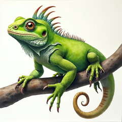 Obraz premium Green iguana rests on tree branch watercolor illustration shows detailed reptilian scales and textured skin. Creature has orange eyes and prominent crest, coiled tail visible.