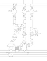 A detailed line drawing of a water supply system with pipes, valves, an electric pump, and an engine. The contour lines create a realistic and intricate technical diagram.