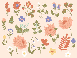 A set of 25 vector floral and plant elements. Folk floral illustrations of daisies, pink peonies, green leaves, and clover. A spring set for Easter card design in a cute, naive, retro style.