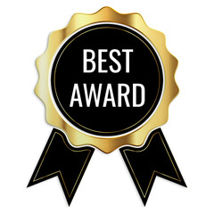 A golden best award badge with black ribbons on a black background