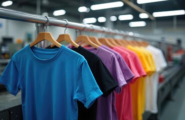 Fototapeta premium Row of colorful t shirts hang on hangers in printing workshop. Apparel manufacturing assembly line with fabric garments ready for customization. Factory textile production.