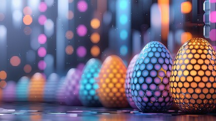A line of decorative Easter eggs, each illuminated from within and featuring a pattern of circular lights, arranged in a futuristic setting with blurred bokeh l