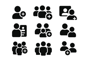 User Inclusion Icons. Solid style icons of user and group inclusion: add user icon, group with plus, invite person, include