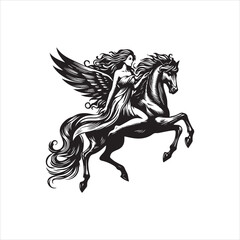 Vector logo illustration of a mythical winged horse and woman in black and white