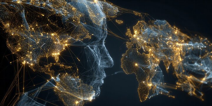 Illuminated global connections form a human silhouette overlaying a digital world map representation