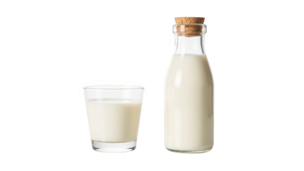 Fresh milk in glass and bottle, showcasing creamy texture and natural color, perfect for various culinary uses