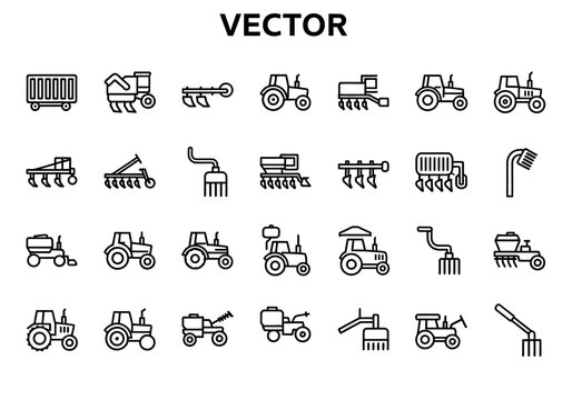 Comprehensive set of farm equipment line icons. Vector symbols representing agricultural machinery, tractors, and farming tools