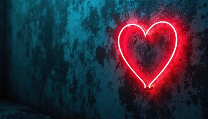 Red neon heart light glows on dark textured wall. Urban street art design radiates vibrant energy and modern romance. Gritty background complements bright outline.