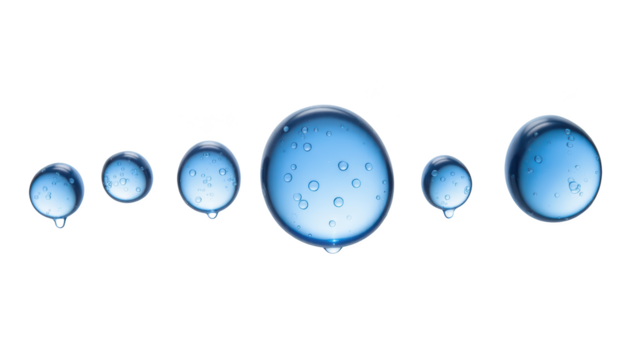 Clear water droplets varying sizes suspended blue tones high fidelity natural beauty freshness liquid texture isolated background