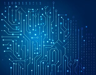Abstract blue circuit board pattern with binary code overlay, suggesting technology and interconnectedness