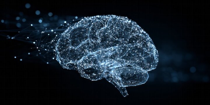 Digital representation of a human cerebrum composed of glowing connected nodes against a dark background