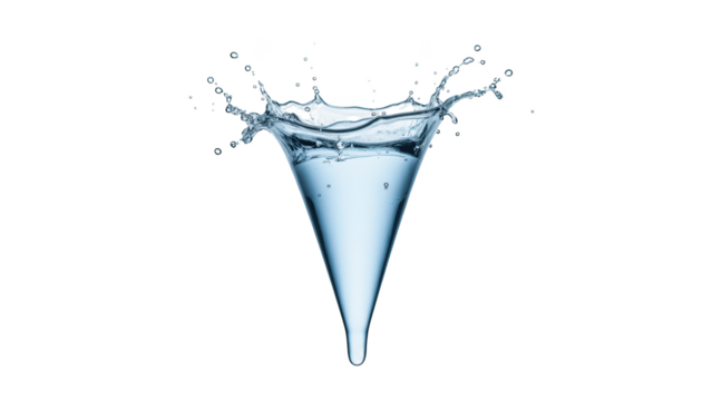 Splash of clear water forms cone shape, creating dynamic and refreshing visual. image captures essence of fluidity and movement