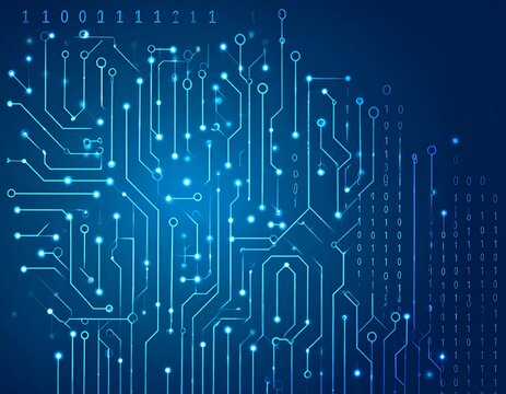 Abstract blue circuit board pattern with binary code overlay, suggesting technology and interconnectedness