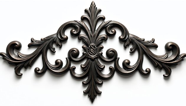 Dark ornate wrought iron scrollwork element isolated on white background. Vintage decorative metal filigree accent for architectural design. Elegant antique style flourish. - Powered by Adobe