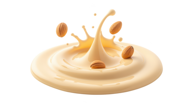 Creamy liquid splash with almonds creates visually appealing scene, showcasing smooth texture and natural ingredients