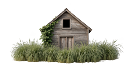 Old wooden house surrounded by tall grass and greenery, evoking sense of tranquility and nature beauty