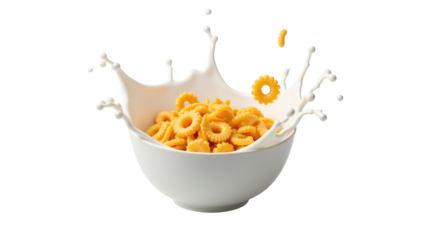 Crispy pasta shapes splash in milk, creating dynamic and playful scene. vibrant yellow color contrasts with white bowl and milk