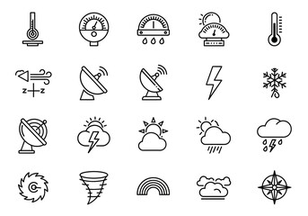 A comprehensive set of weather and meteorology thin line icons. This collection includes vector symbols for climate, forecast, storm, and temperature