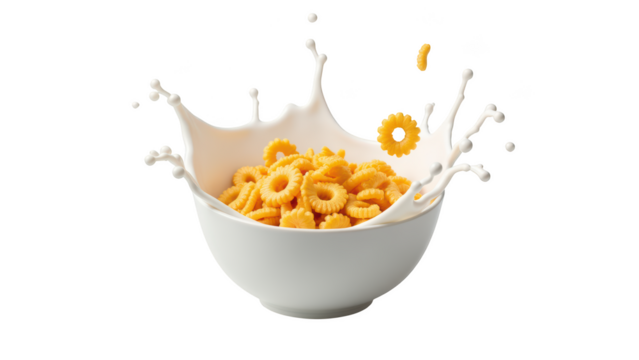 Crispy pasta shapes splash in milk, creating dynamic and playful scene. vibrant yellow color contrasts with white bowl and milk