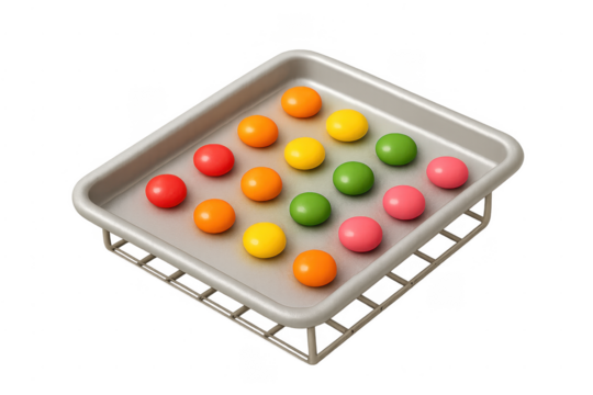 Colorful candies arranged in rows on baking sheet