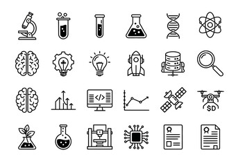 A versatile set of thin line icons depicting scientific research, technological innovation, data analysis, and discovery concepts