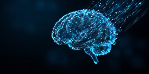 Digital representation of the human mind glows with connections streaming outward against a dark background